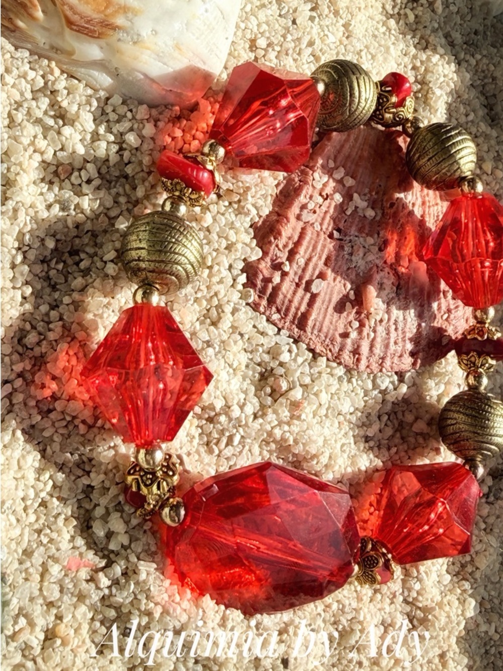 Alquimia Vibrant Red Faceted Statement Bracelet with Antique Gold Accents - Picture 2 of 3